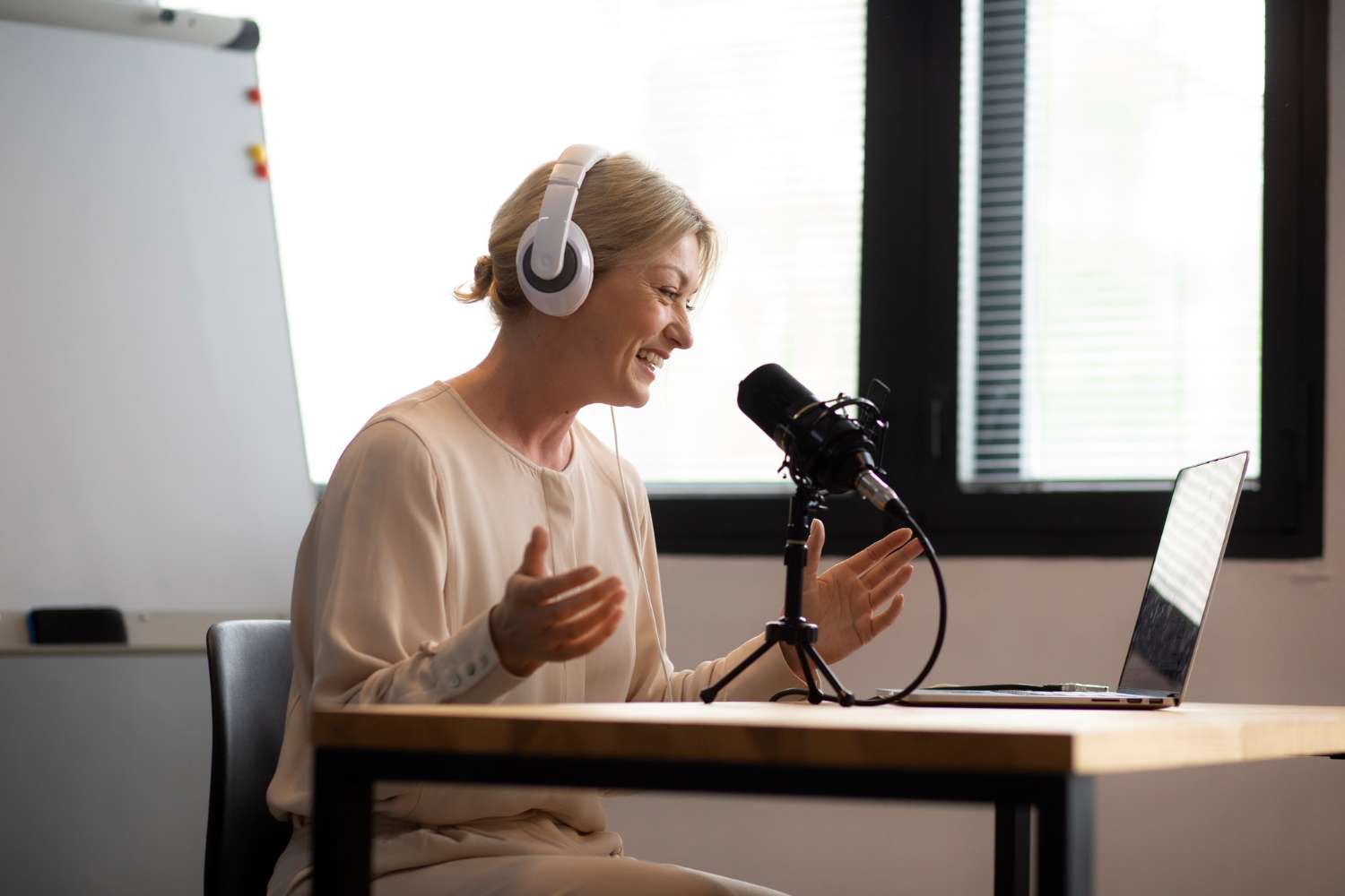 a woman having a fun podcast