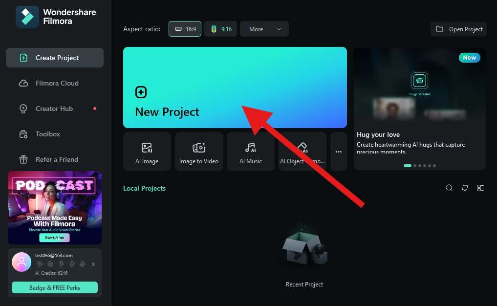 create new project using filmora desktop