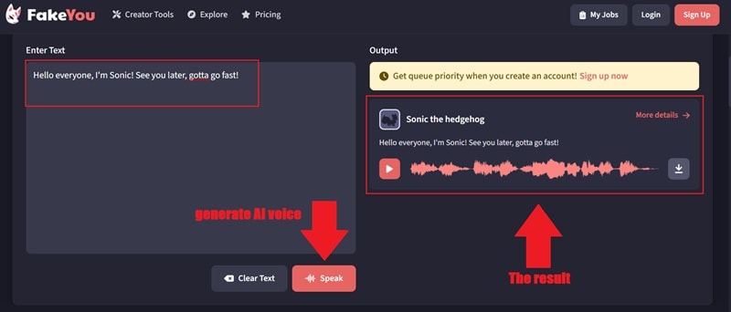 generate sonic ai voice from text