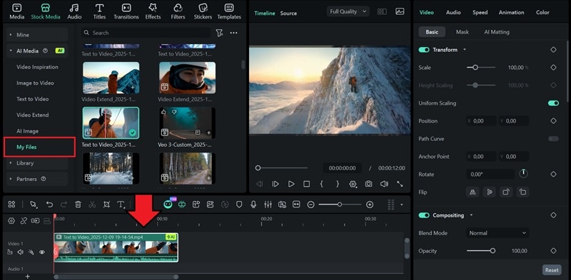 add filmora sora 2 video to timeline