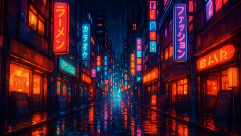 sora image creation of cyberpunk city