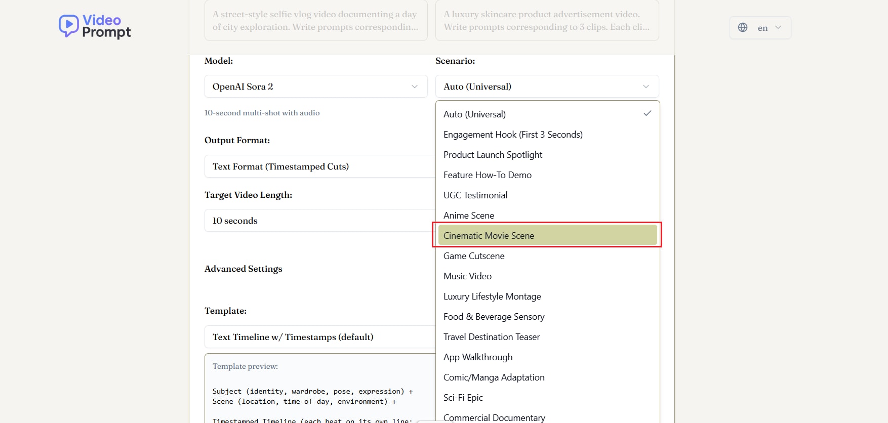 select cinematic scenario