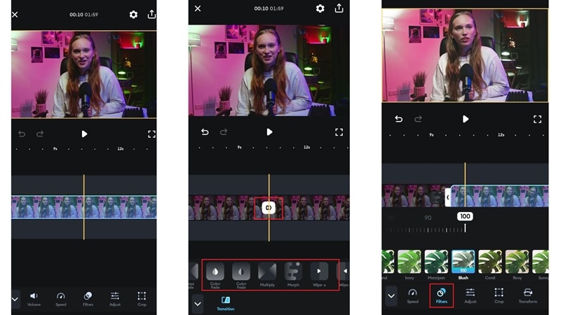 adding transitions and filters in splice