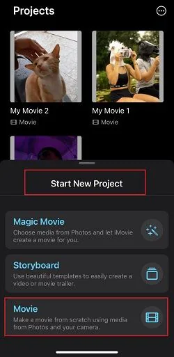 begin a new project in imovie