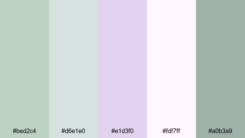 spring bridal haze green lavender color palette with hex codes