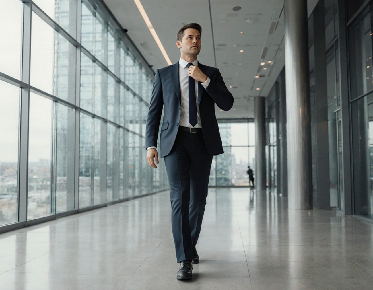 man fixing tie pose