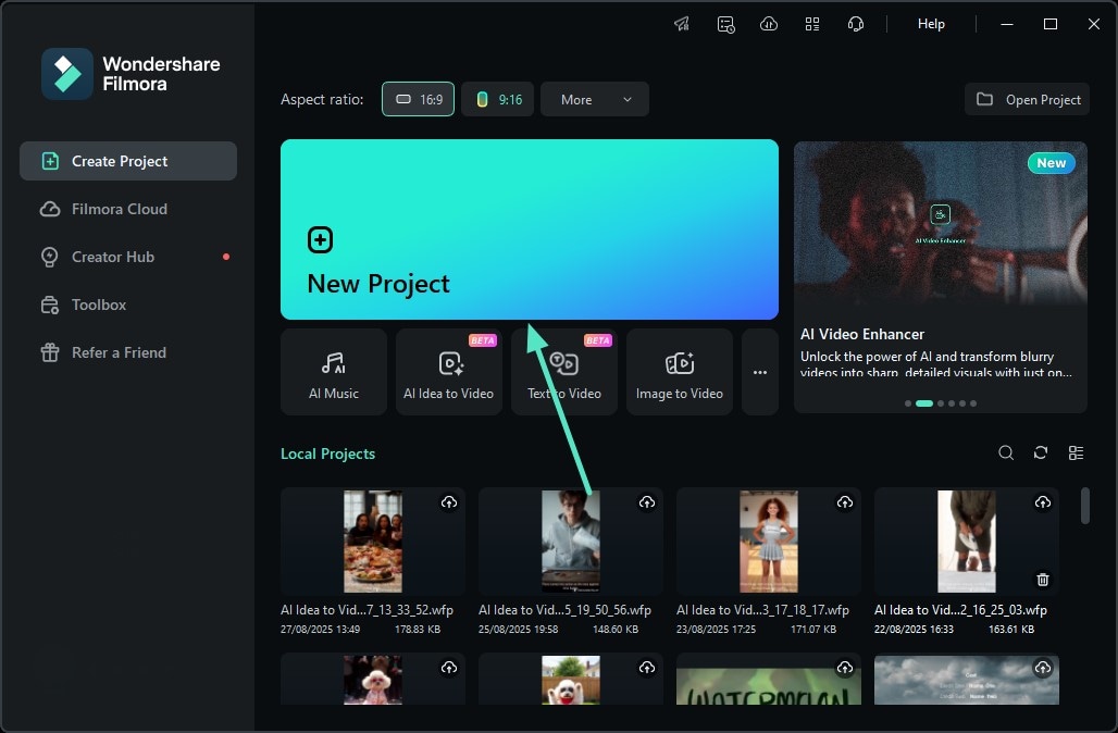 create filmora new project