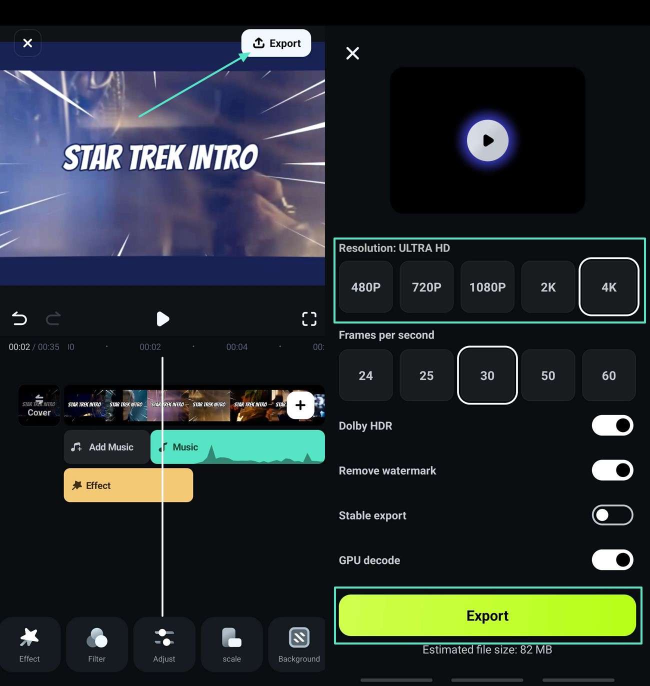 preview and export filmora star trek intro