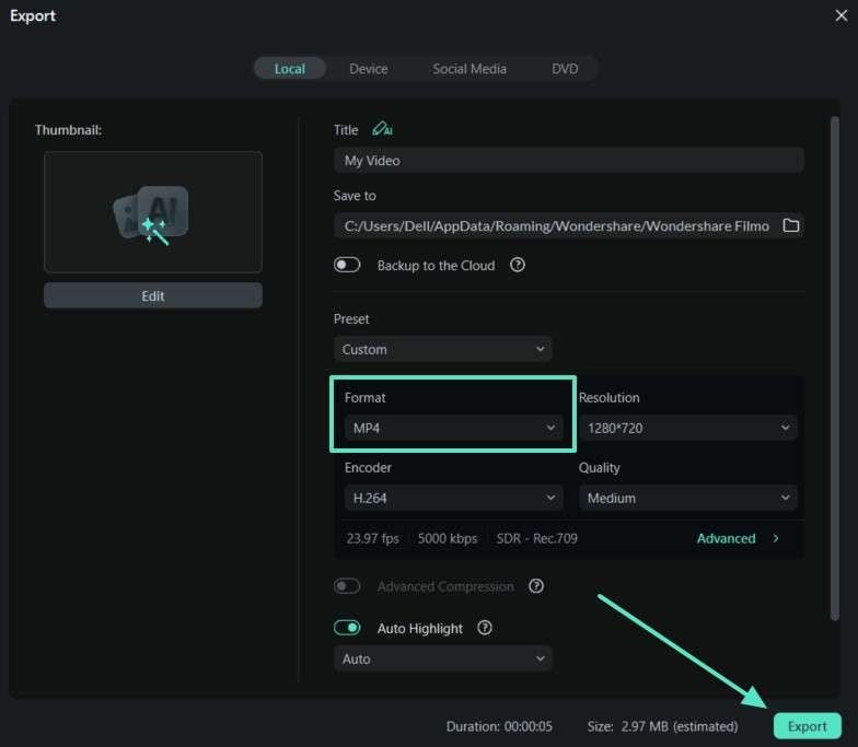 export filmora desktop video
