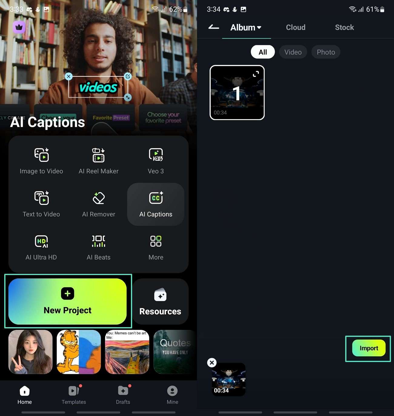 launch filmora app import video