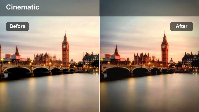 Muted blue evening city skyline with matte shadows and soft contrast