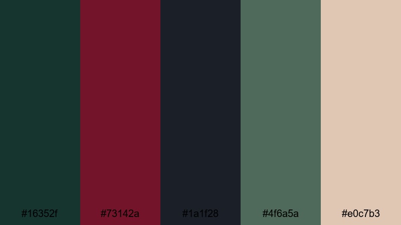 stormy pine garnet green burgundy color palette with hex codes