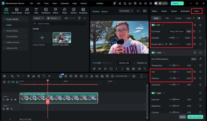 apply lut, tint and vibrance