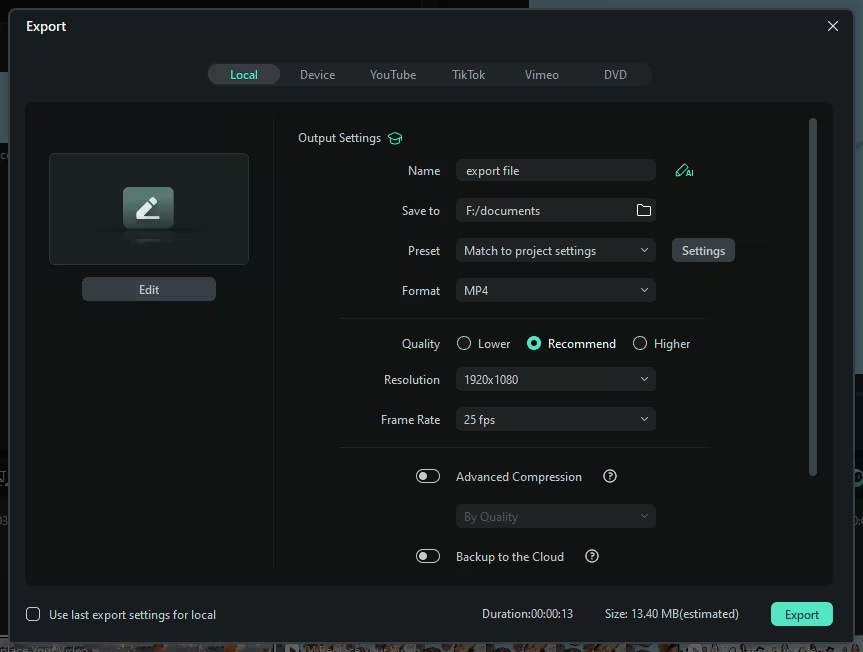 filmora export window
