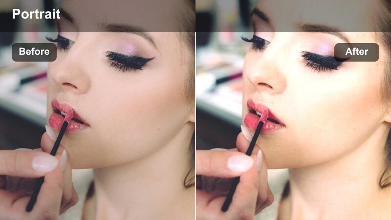 Sidewalk portrait with copper-tinted tones and a soft hazy city background.