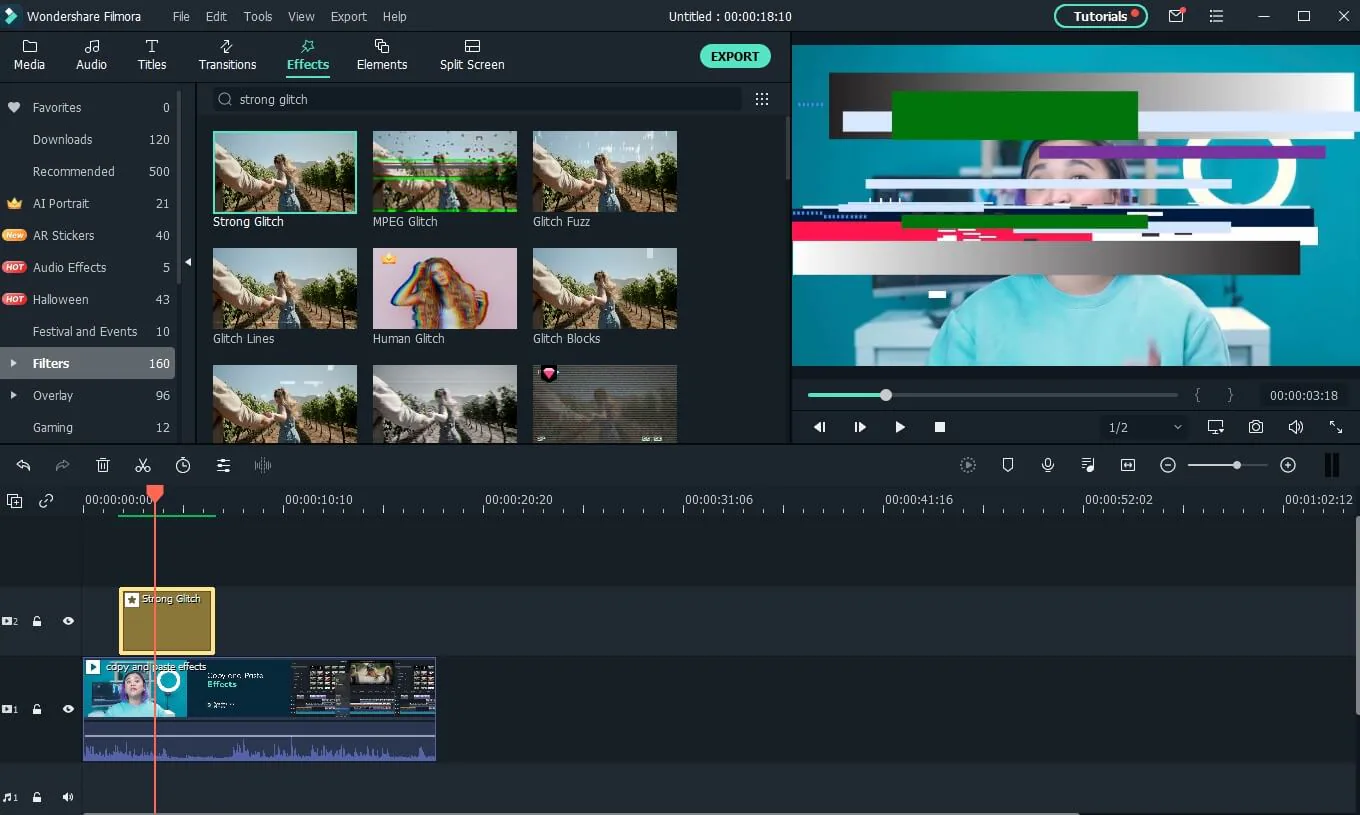 Filmora strong glitch effects