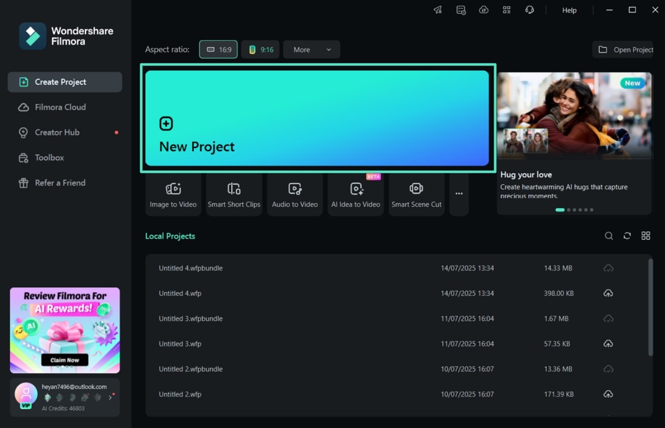 launch filmora start new project