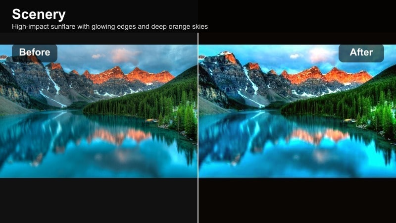 Dramatic sunset skyline with intense sunflare and silhouettes