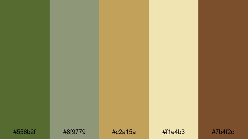 sunlit forest harvest green yellow brown color palette with hex codes