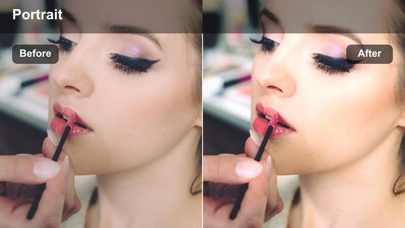 City portrait at sunset with warm tones and clear skin color against an urban skyline.