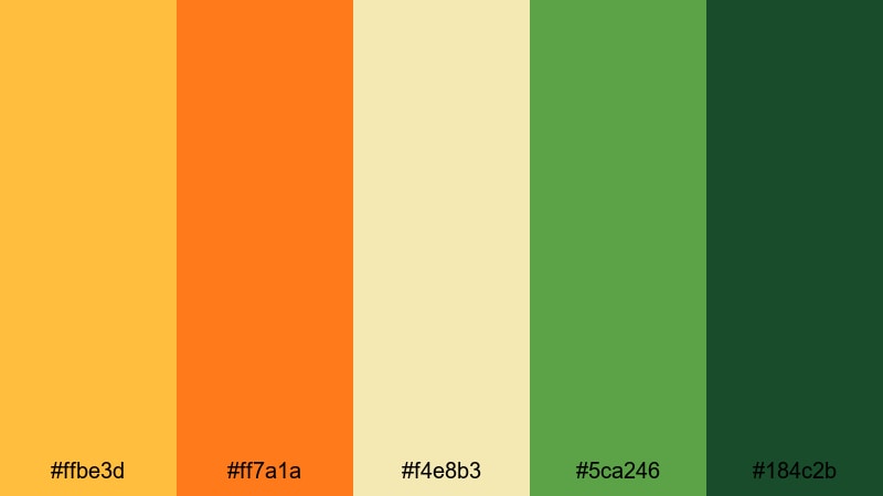 sunset grove fusion yellow orange green color palette with hex codes