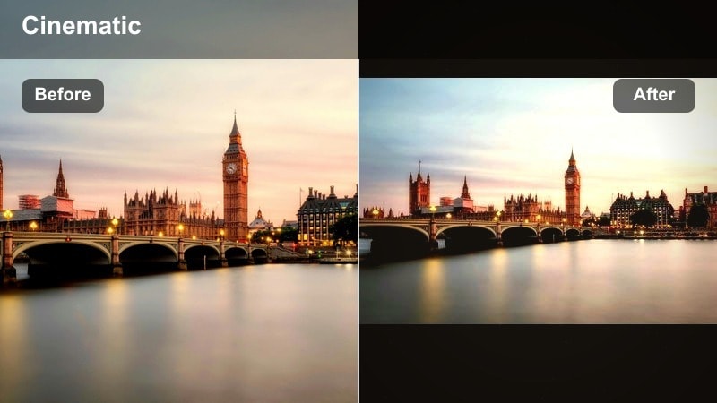 Warm golden city rooftop video filter applied at sunset