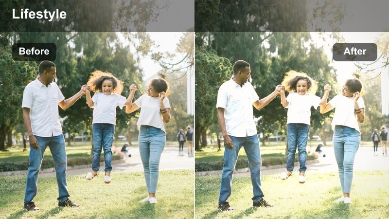 Vlogger walking past city storefronts at sunset with soft pastel colors in the sky.