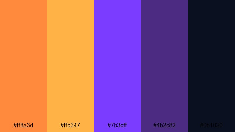 sunset studio glow orange purple color palette with hex codes