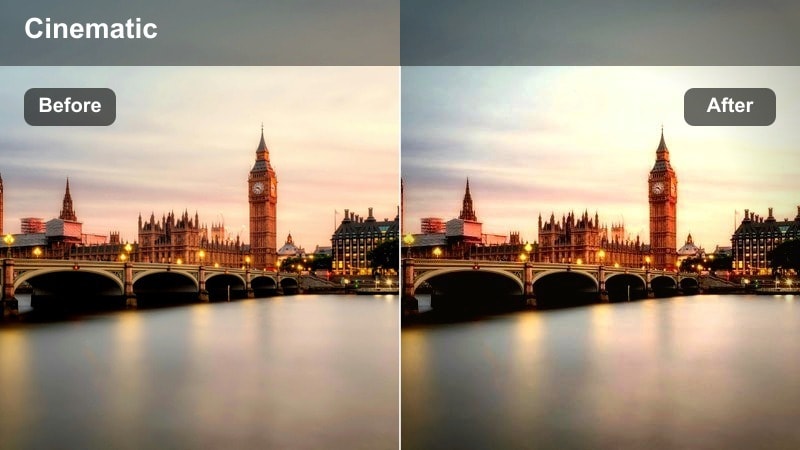 City skyline timelapse filter blending sunset colors into evening blue tones.