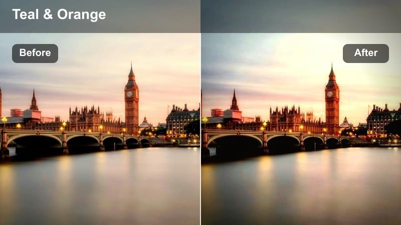 Urban intersection surrounded by tall buildings with a teal-toned color grade.