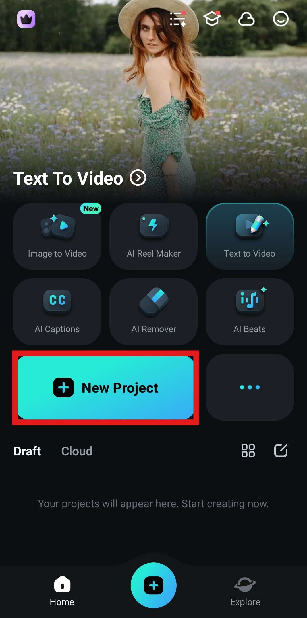 tap on new project filmora mobile