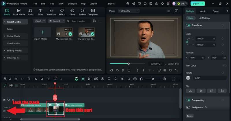 Copier le clip et verrouiller la piste vidéo