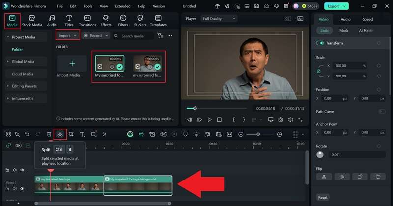importer le clip original et uniquement l'arrière-plan