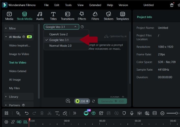 select google veo31 on filmora