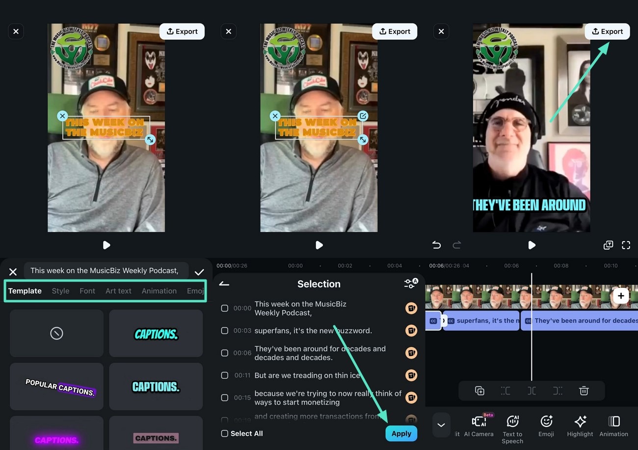 apply captions style and export tiktok
