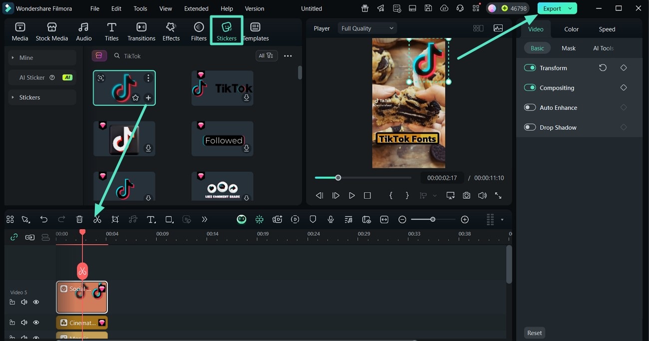 insert stickers and click export