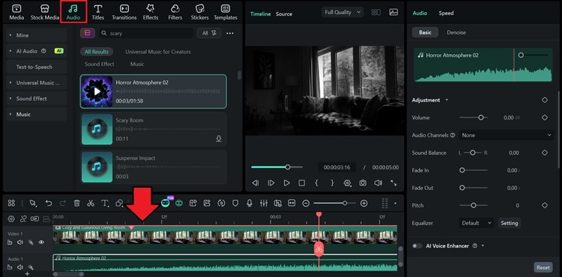 add spooky audio from library
