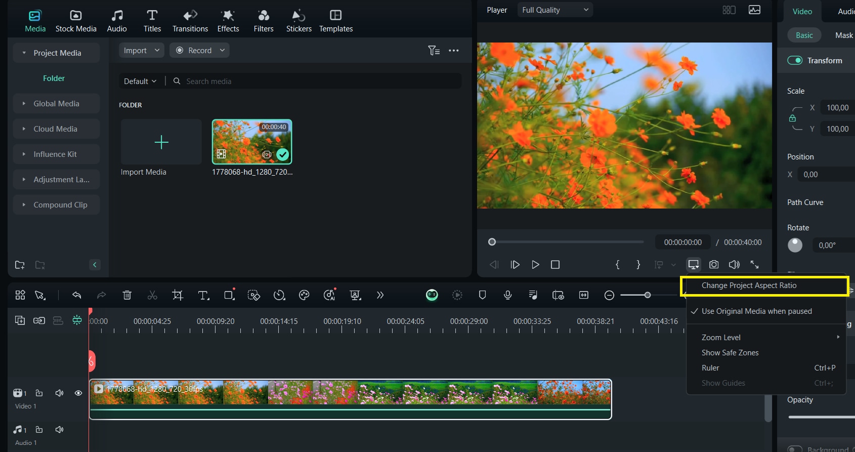 change project aspect ratio on filmora