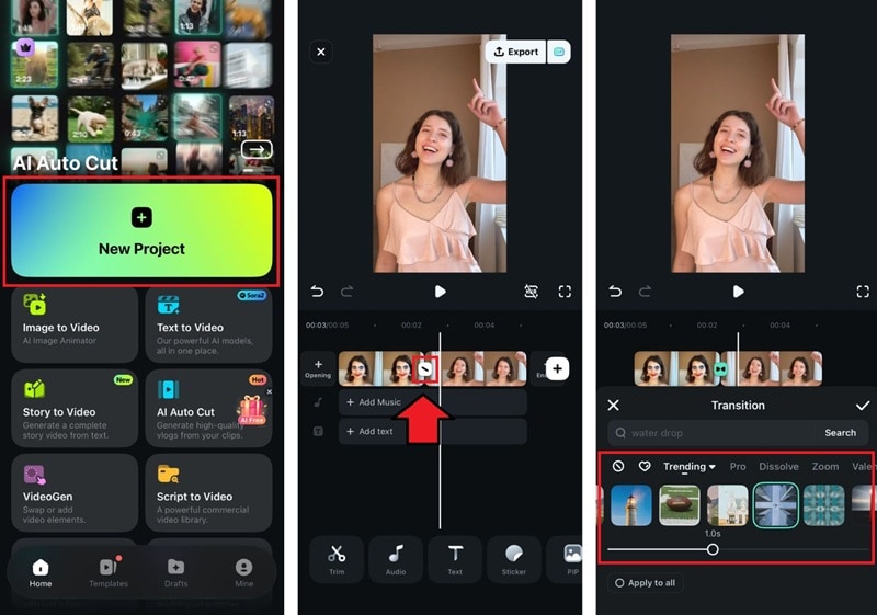 add transition using filmora
