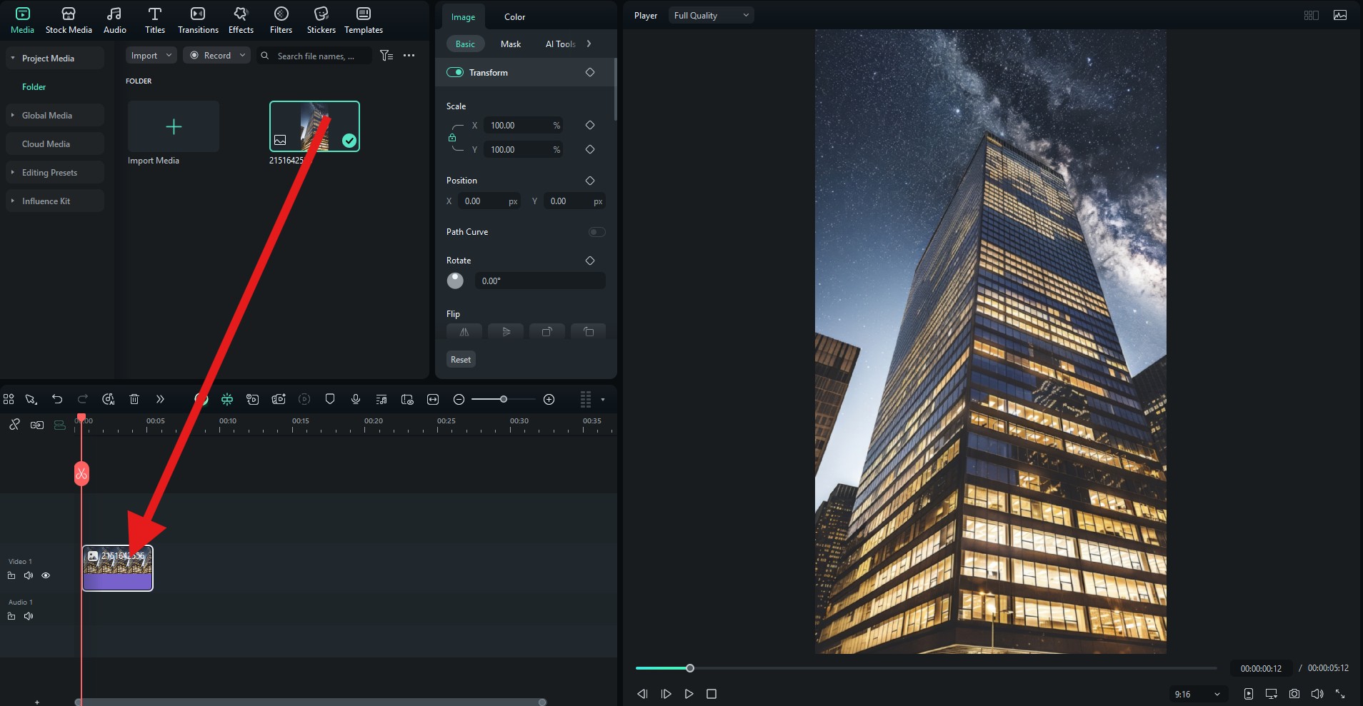 drag still image to filmora timeline
