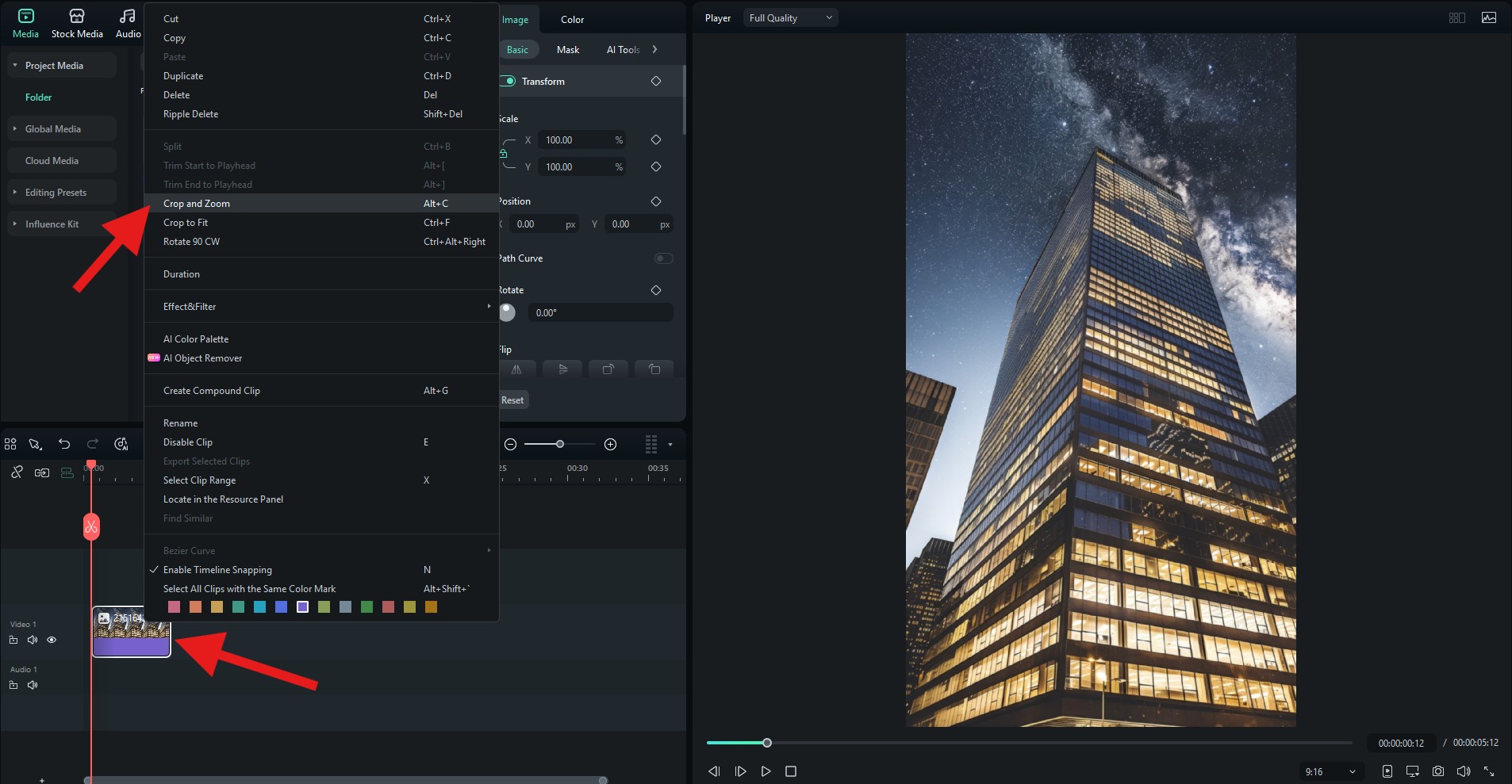 activate crop and zoom feature filmora