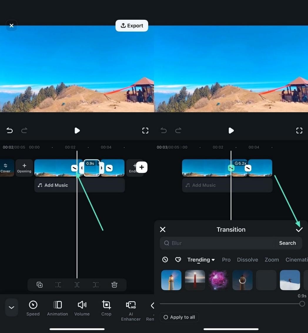 apply transitions between clips