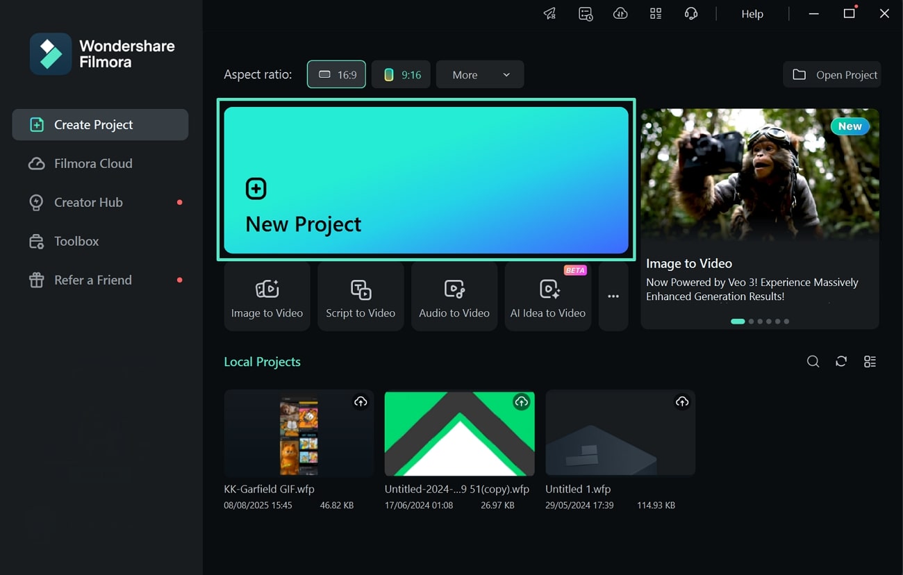 launch filmora desktop start new project