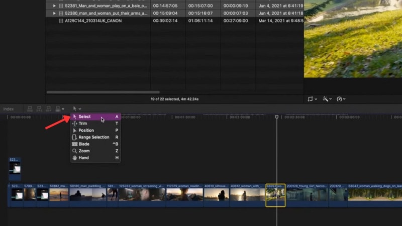 the select tool in fcp timeline