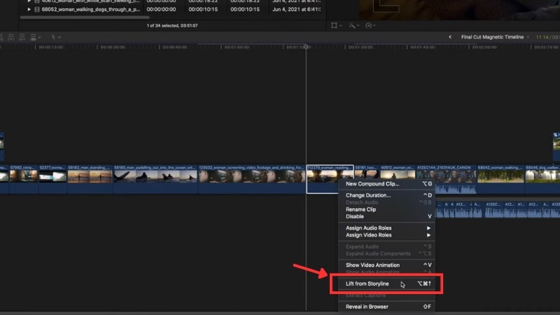 move a clip out of the main storyline