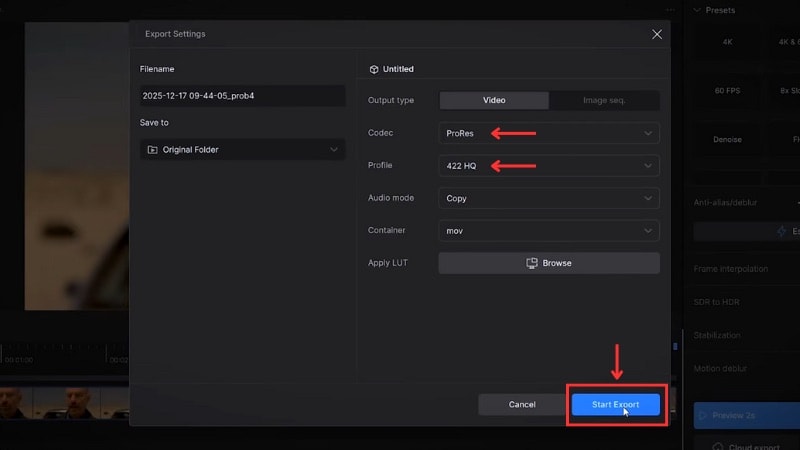 ajuster les paramètres et cliquer sur export