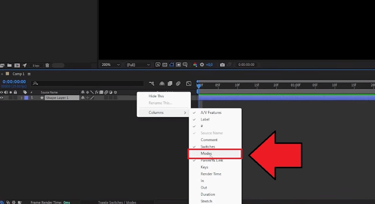 select mode from columns menu