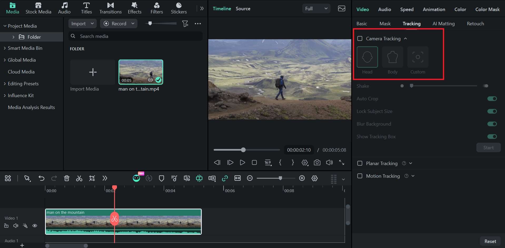 enable filmora camera tracking