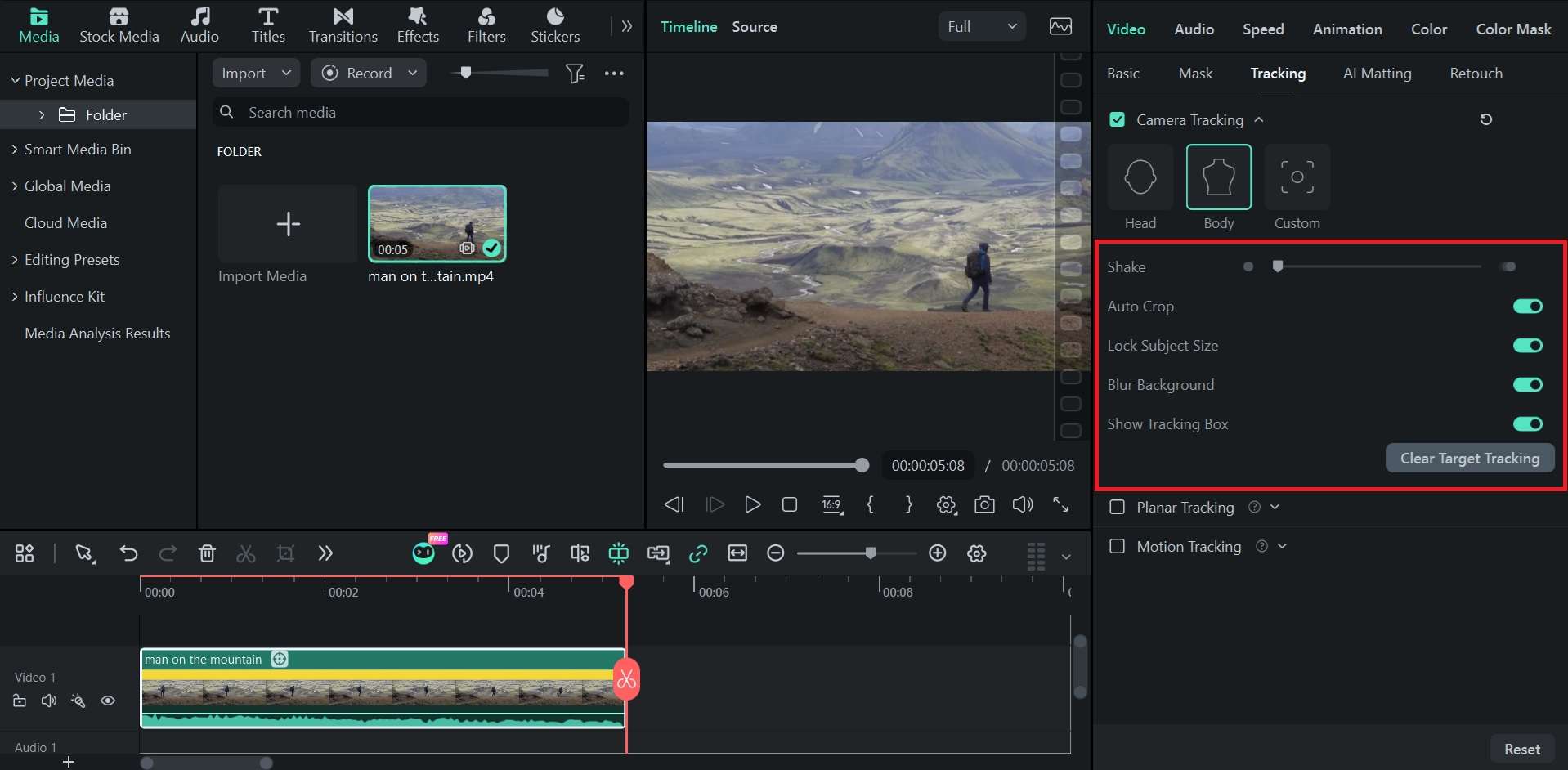 adjust filmora camera tracking