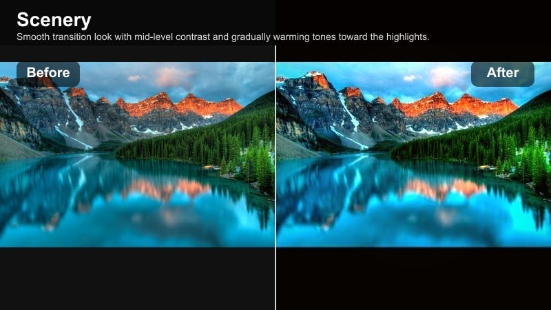 Cinematic filter transitioning from daylight to sunset over mountains